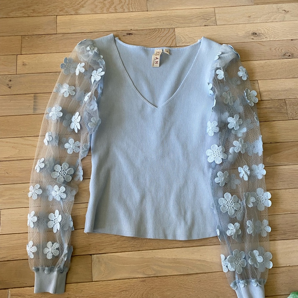 Dolan (Anthropologie) Light Blue Floral sheer Sleeve Top